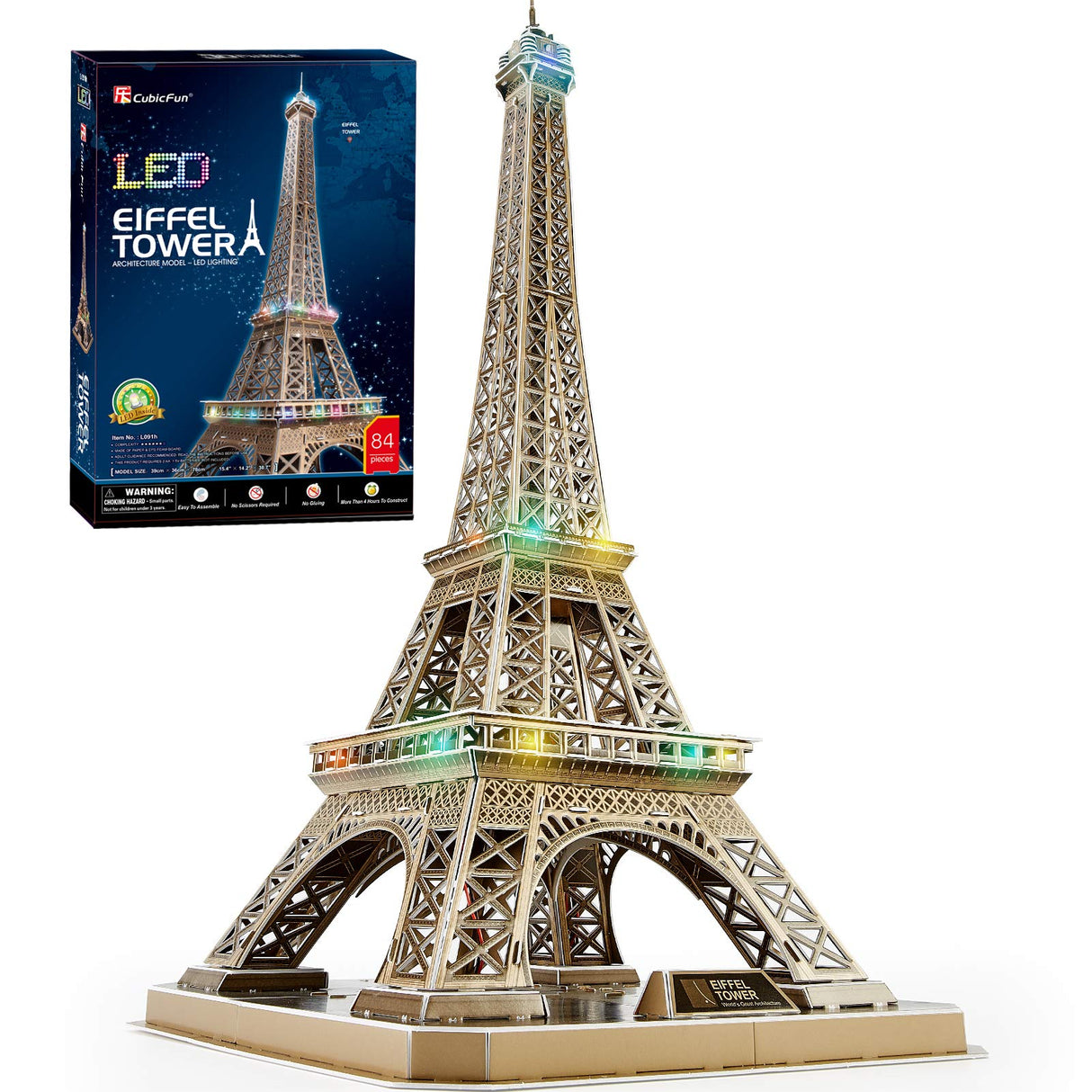 CubicFun 3D Puzzle for Adults Eiffel Tower with Shining LED Lights, Romantic Paris Architecture Model Building Kits Decor, Gift for Women Men, 84 Pieces CubicFun