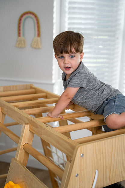 Avenlur Magnolia Indoor Playground 7-in-1 Jungle Gym Playset for Kids 2-6yrs - Slide, Climbing Wall, Rope Wall Climber, Monkey Bars, Swing - Waldorf and Montessori Style Wooden Climb Set.