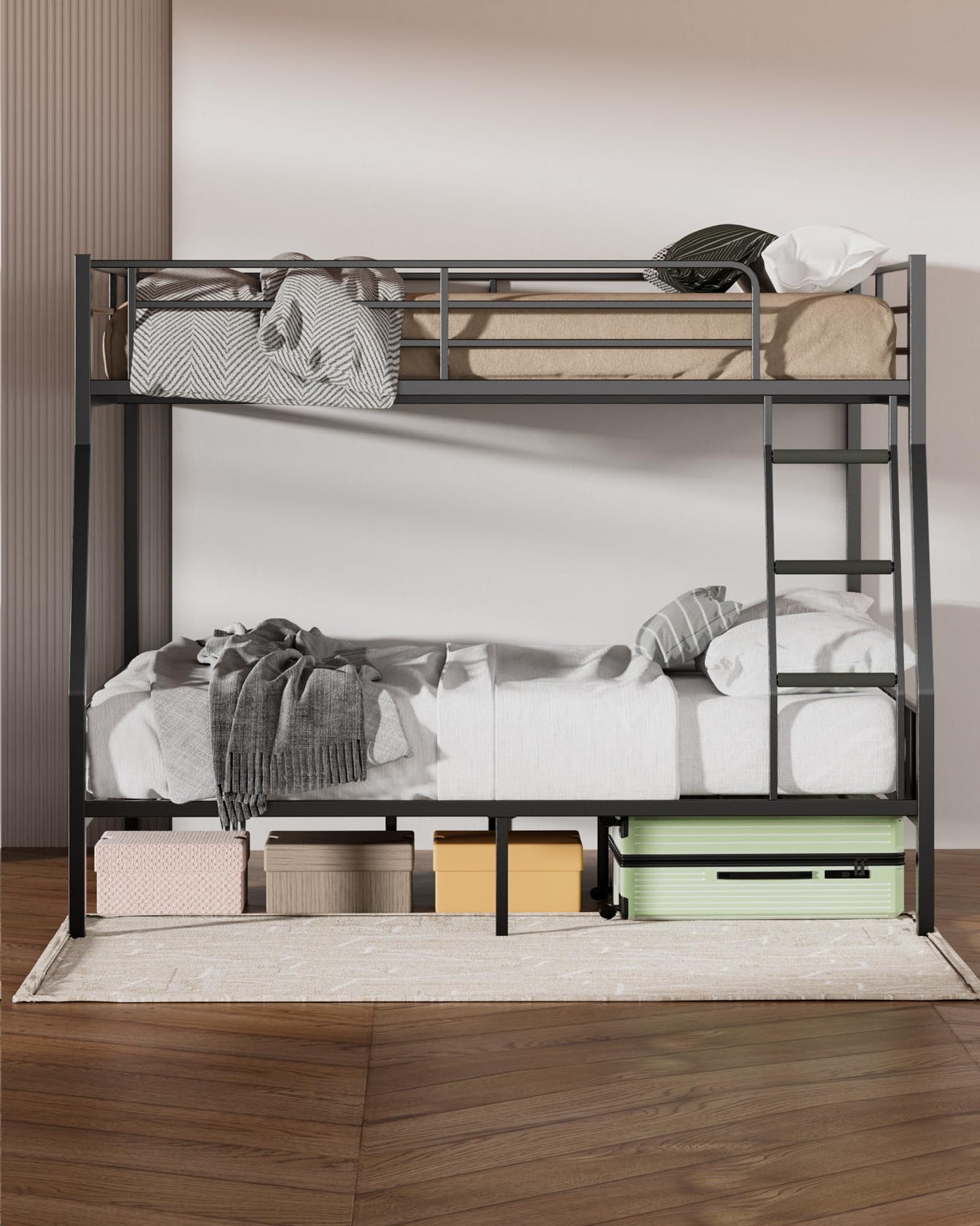 Miscoos Full XL Over Queen Metal Bunk Bed, Heavy-Duty Bed Frame with EVA Rubber Cover Ladder & Safety Guardrails, Space-Saving Sturdy Queen Bunk Bed for Adults & Teens, Black Miscoos