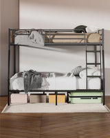 Miscoos Full XL Over Queen Metal Bunk Bed, Heavy-Duty Bed Frame with EVA Rubber Cover Ladder & Safety Guardrails, Space-Saving Sturdy Queen Bunk Bed for Adults & Teens, Black Miscoos