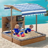 Kids Large Wooden SandBoxes with Roof, Pipleo Outdoor Sand Box Play w/Canopy for Backyard Garden Beach, Sand Pit for Beach Patio Outdoor, [Adjustable Cover & Sand Funnel & Drawing Board] - Brown Oak Pipleo