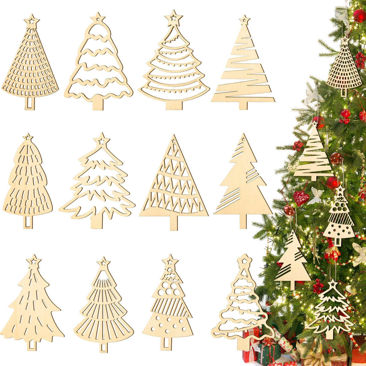 Gerrii 36 Pcs Wood Unfinished Christmas Tree Crafts Wooden Christmas Tree Cutouts Ornaments DIY Wooden Crafts Tree Shape to Paint for Christmas Hanging Decorations Home Winter Tree Decor Gerrii