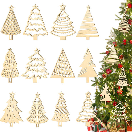 Gerrii 36 Pcs Wood Unfinished Christmas Tree Crafts Wooden Christmas Tree Cutouts Ornaments DIY Wooden Crafts Tree Shape to Paint for Christmas Hanging Decorations Home Winter Tree Decor Gerrii