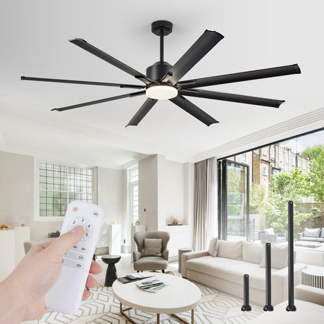 ZMISHIBO 72 inch Aluminium Blade Ceiling Fans with Lights and Remote, Outdoor Ceiling Fans for Patio Living Room with Quiet DC Motor, 6 Speed Reversible, 3 CCT, Black Industrial Ceiling Fan, 8 Blades ZMISHIBO