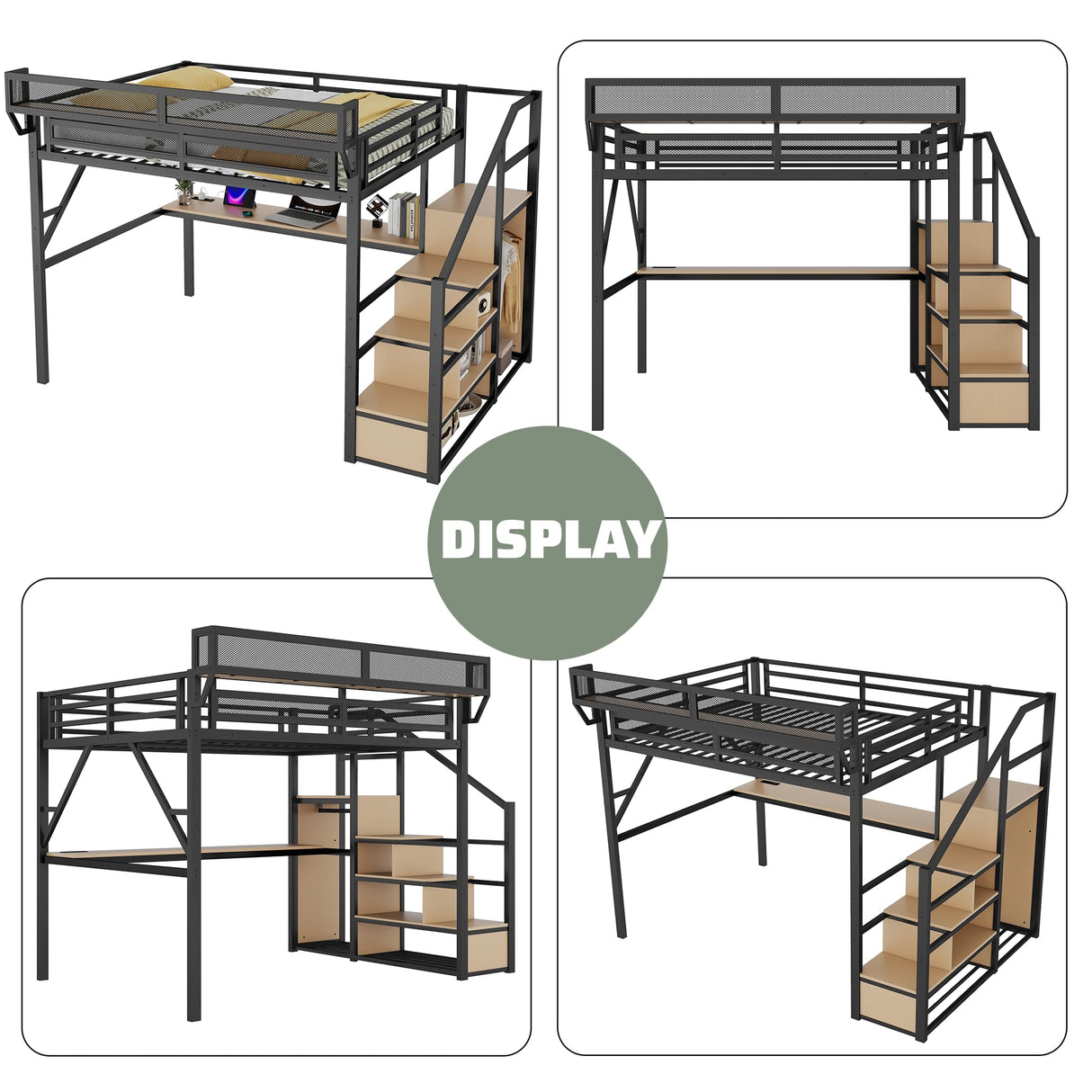 MoproBeti Queen Size Loft Bed with Stairs and Desk, Metal Lofts Bed Queen with Upper Storage Shelf, Gaming LoftBed with LED, Charging Station and Wardrobe for Teens, Adults,Black MoproBeti