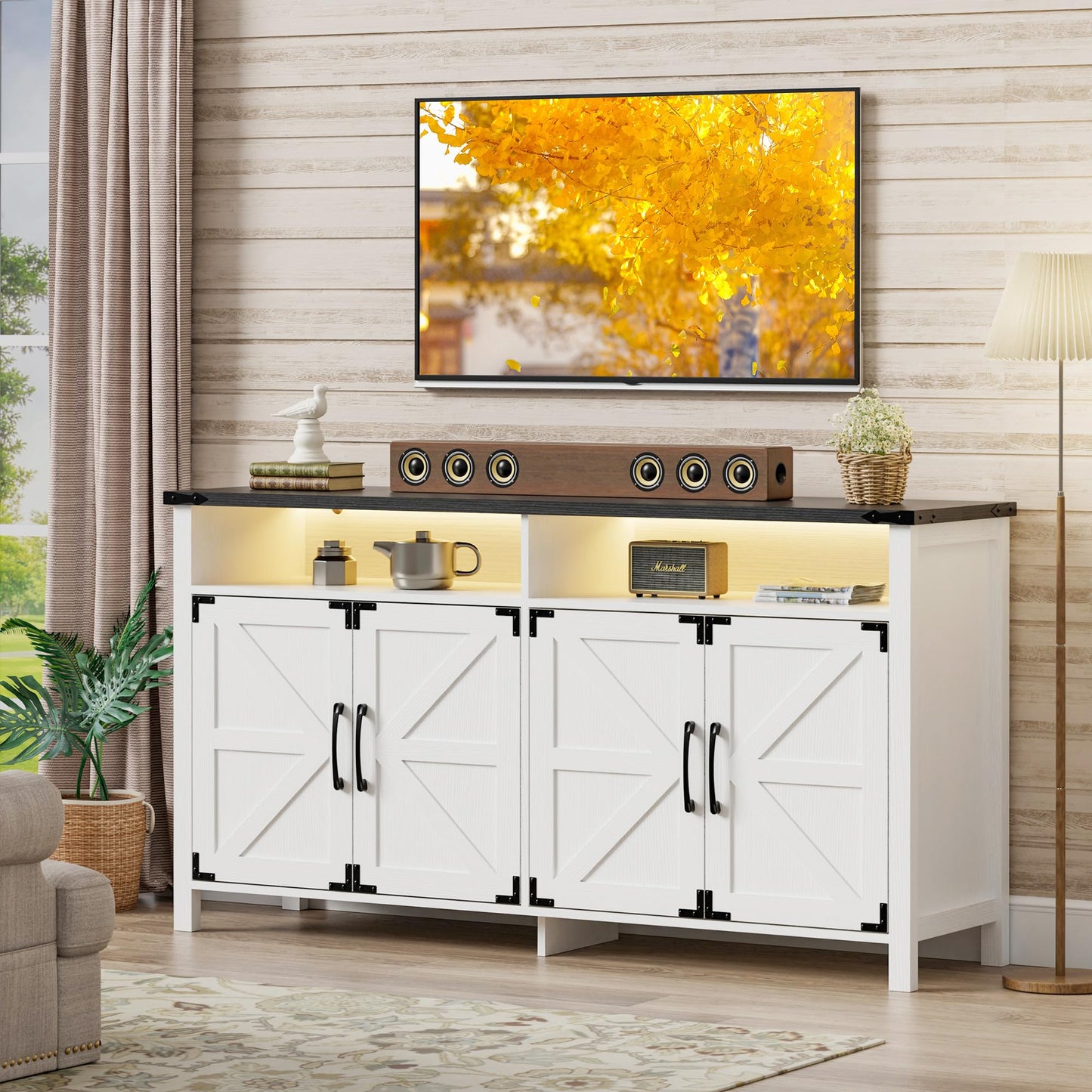 Scurrty Sideboard Buffet Cabinet with Lights, 61" Large Storage Cabinet,Large TV Stand with Storage, Farmhouse Style Buffet with LED, Wood Coffee Bar Cabinet for Dining Room, Kitchen&Living R - WoodArtSupply