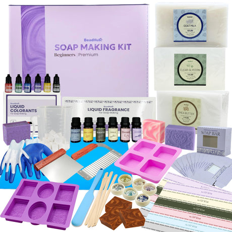 Soap Making Kit for Beginners | 4.5LBS Melt & Pour Soap Base - Shea Butter, Clear Glycerin & Goat Milk, All-in-one Soap Kit w/Molds Fragrances Colors Soap Making Tools & Supplies for Adults (Premium) BeadHub
