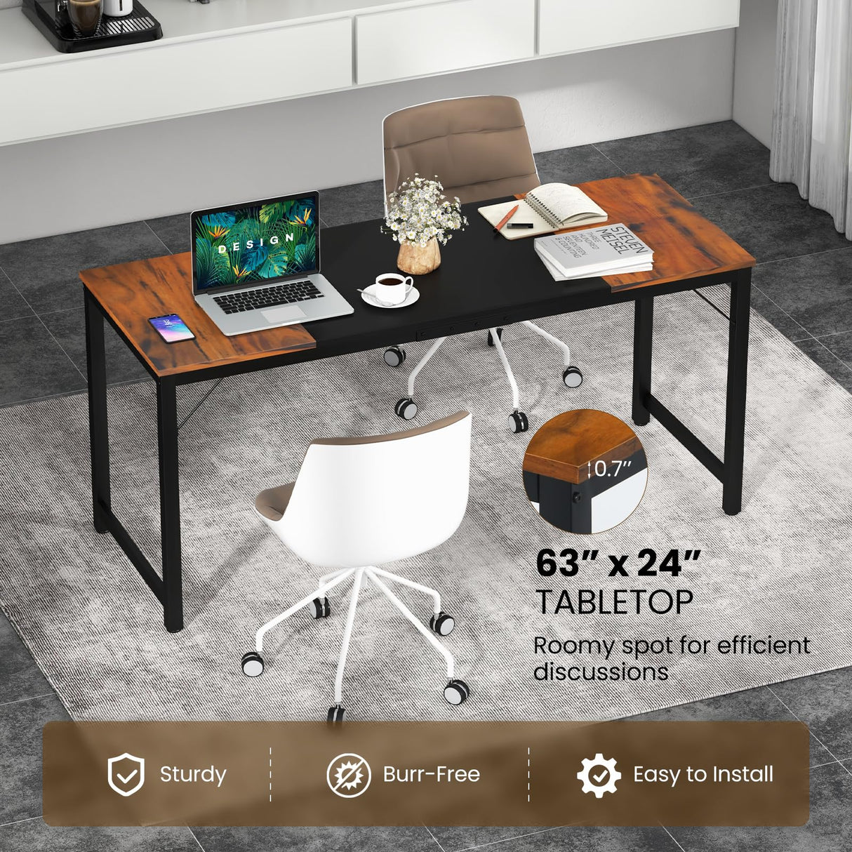 Tangkula 63” x 24” Conference Table Set of 2, Meeting Table with Metal Frame & Adjustable Foot Pads, Seminar Boardroom Table, Training Table for Office, Black & Rustic Brown Tangkula