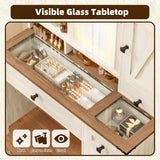 EROMMY 42" Farmhouse Makeup Vanity Desk with Lighted Mirror & Power Strips, Vanity Table with Sliding Barn Door, Open & Hidden Shelves, Drawers, Jewelry Cabinet, White Dressing Table, Light Adjustable EROMMY