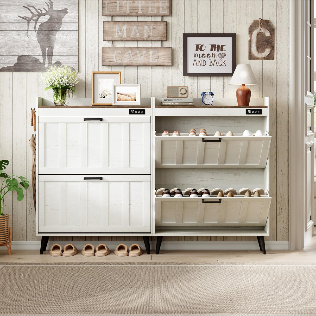 ChooChoo Shoe Storage Cabinet with 2 Flip Drawers, Deodorizing Shoe Organizer Storage for Entryway, Freestanding Hidden Slim Narrow Shoe Rack Cabinet, Antique White & Brown ChooChoo