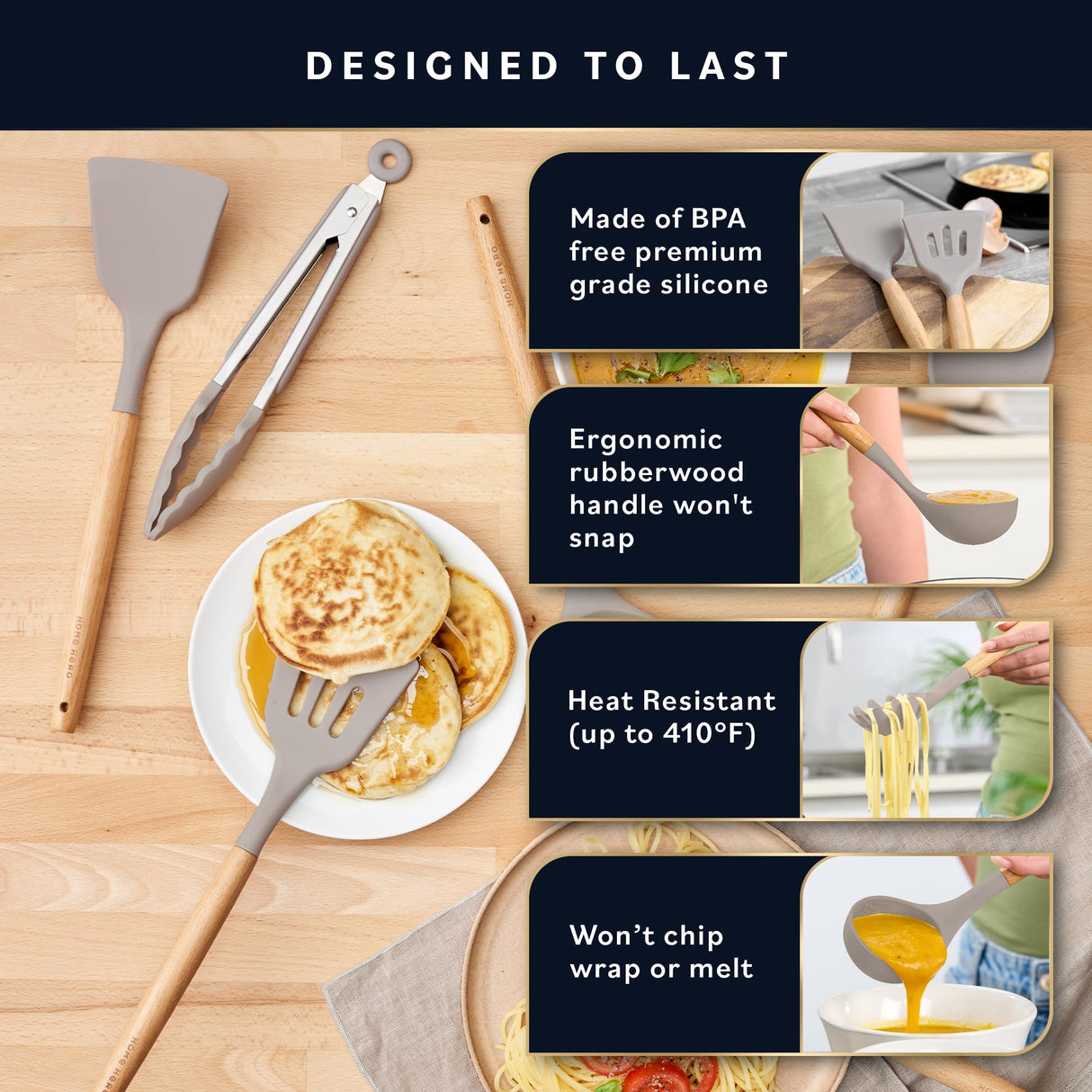 Home Hero 33 Pcs Kitchen Cooking Utensils Set, Non-Stick Silicone Cooking Kitchen Utensils Spatula Set with Holder, Wooden Handle Silicone Kitchen Gadgets Utensil Set (33 Pcs - Khaki) Home Hero