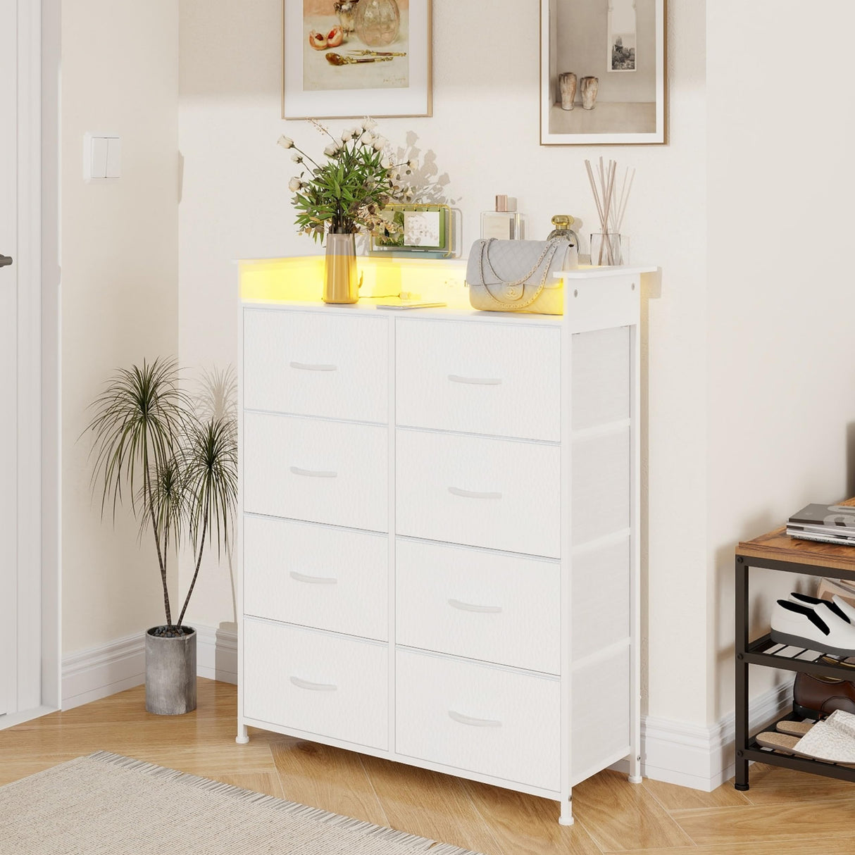 Welfuturer White Dresser for Bedroom with Power Outlets and LED Lights Narrow 8 Fabric Drawers Dressers Tall Storage Tower Unit for Entryway Closet Hallway Living Room Sturdy Steel Frame Wooden Top Welfuturer