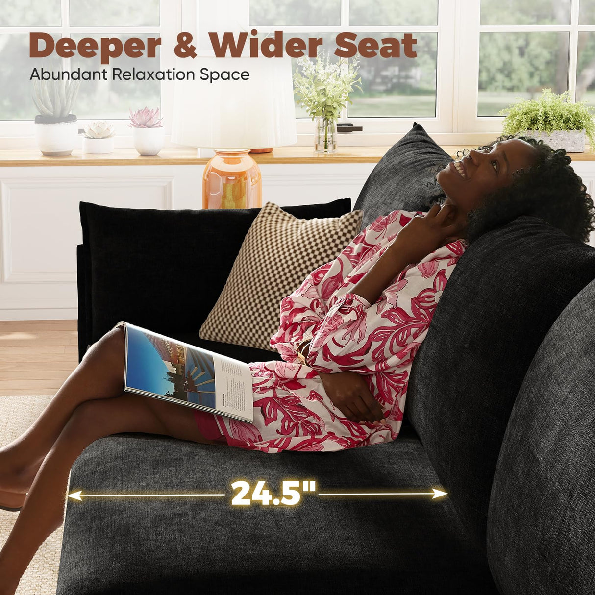 ABCASA Oversized Loveseat Sofa, Modern Modular Sectional Couch Black Fluffy Chenille Mid Century 2-Seat 24.5" Deep Seat for Apartment, Living Room, Bedroom ABCASA