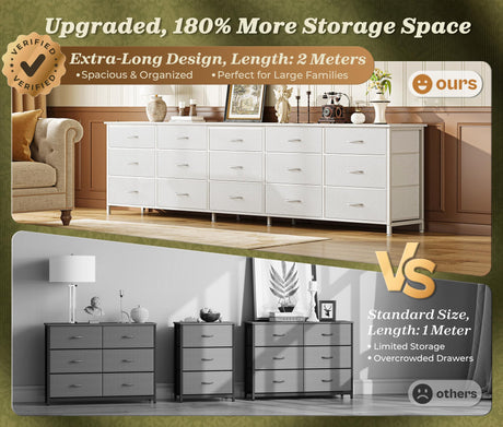 Huuger 78.7 inch Long Dresser for Bedroom, 15 Drawer Fabric Dresser for Closet, Large TV Stand for 65, 75, 85 inch TV, Wide Chest of Drawer with Storage, 78.7" W x 12.9" D x 26.7" H, White Huuger