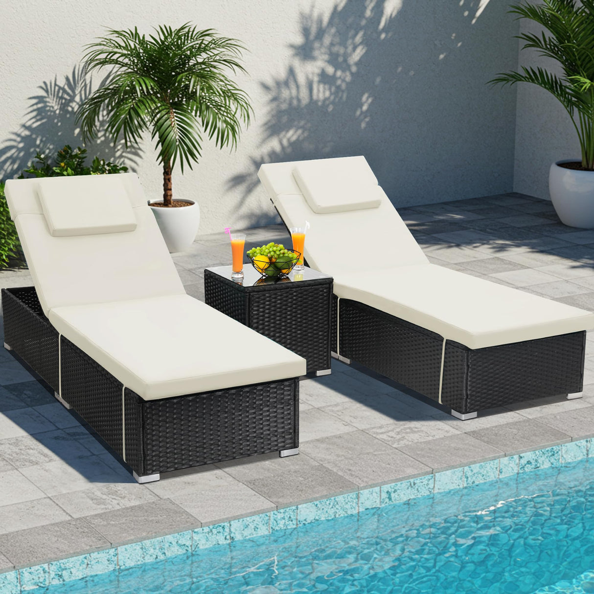 Murago 3 Piece Set, Includes 2 Wicker Chaise Lounge Chairs for Outdoors with Matching Side Table, Idea Oversized Reclining Patio Lounger with Washable Cushions, White Murago