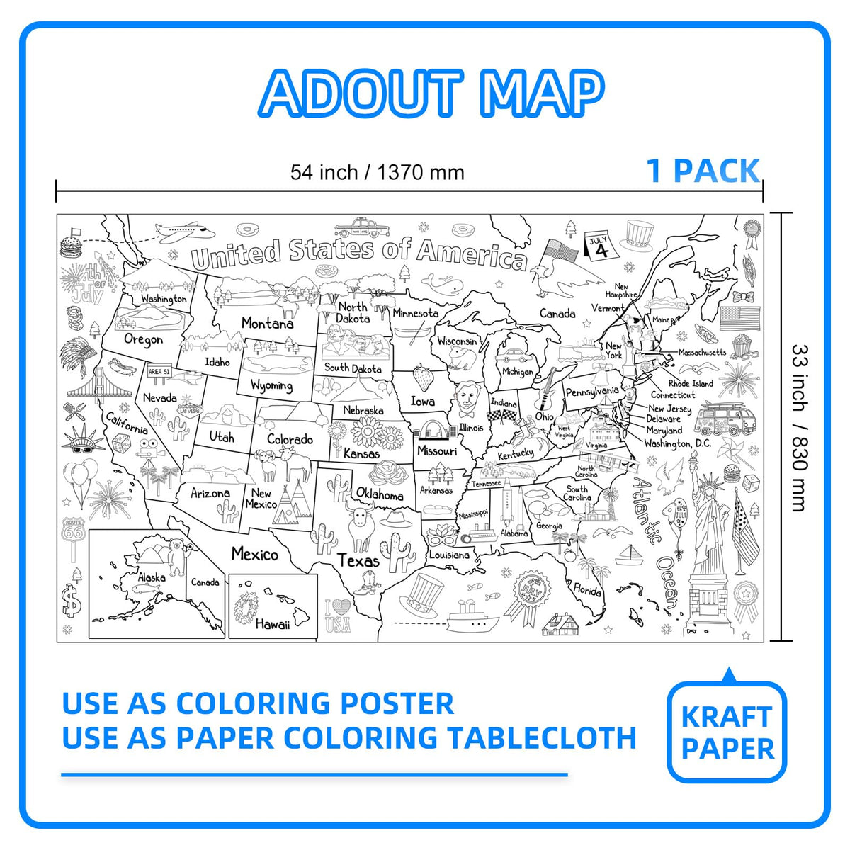 Licidecopai 54x33 Inch US Themed Giant Coloring Poster for Kids - Large US Map Coloring Table Cloth for Children's Birthday Party Licidecopai