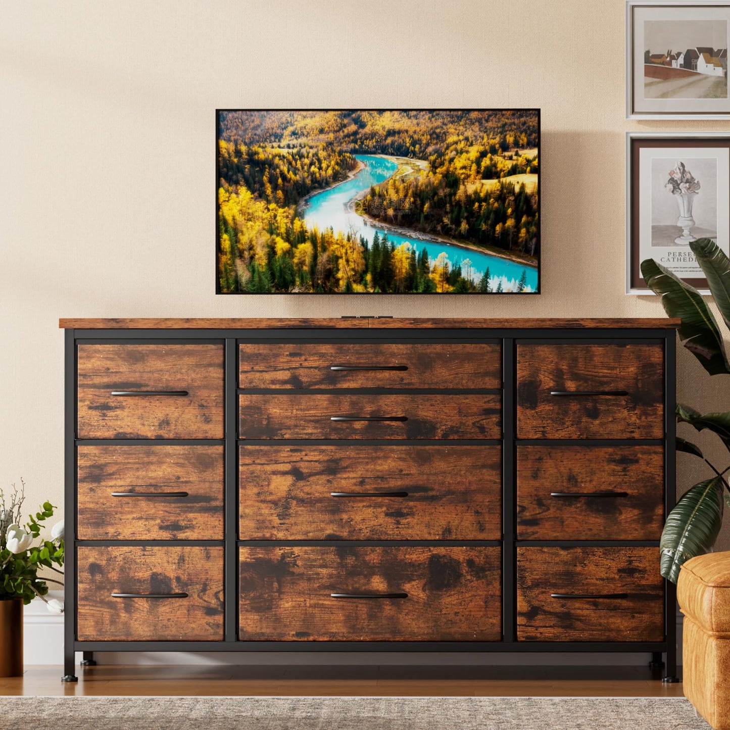 Takywep 10 Drawer Dresser for Bedroom with Wooden Top, Rustic Brown Tv Stand Dresser with Power Outlet for 55", Bedroom Dressers with Drawers, Fabric Drawer Dresser for Bedroom, Big Storage… - WoodArtSupply