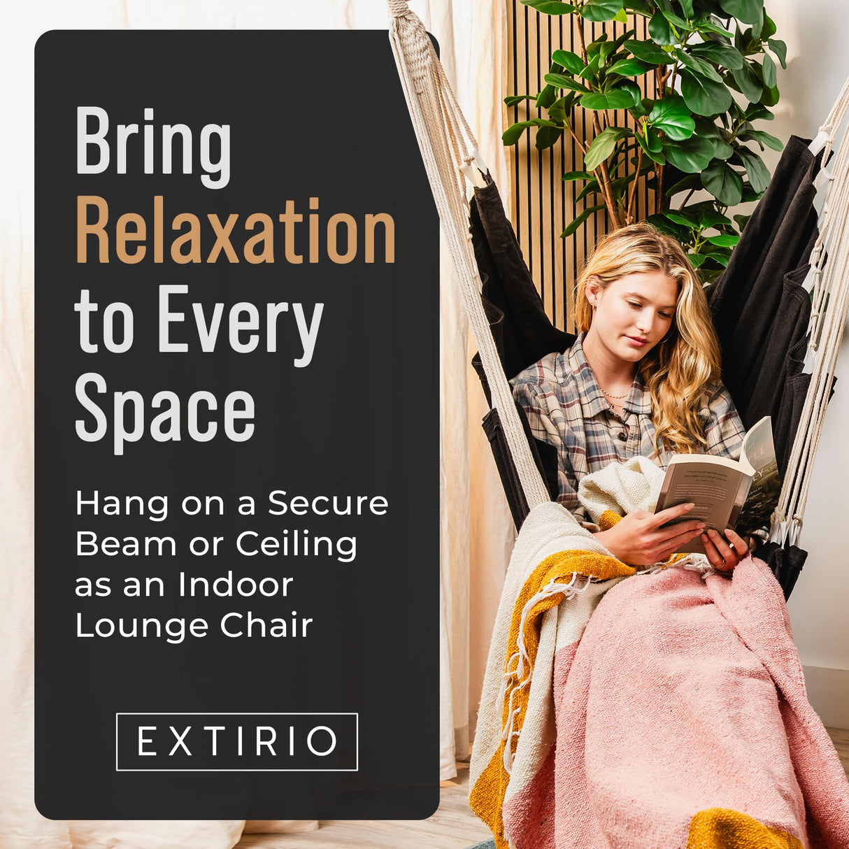 Indoor Hammock Chair Swing - Hanging Hammock Swing Chair - Indoor/Outdoor - Hanging Chairs for Bedroom, Patio, Porch, Swinging Chair Hammock for Adults - Built-In Footrest - Spacious Full Body Support EXTIRIO