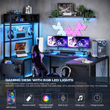 Harmobitat U Shaped Computer Desk with Monitor Stand and LED Lights, Computer Gaming Desk with Storage Shelves, Large U- Shape Desk with Power Outlets, Corner Office Desk with 4 Drawers, Black Harmobitat