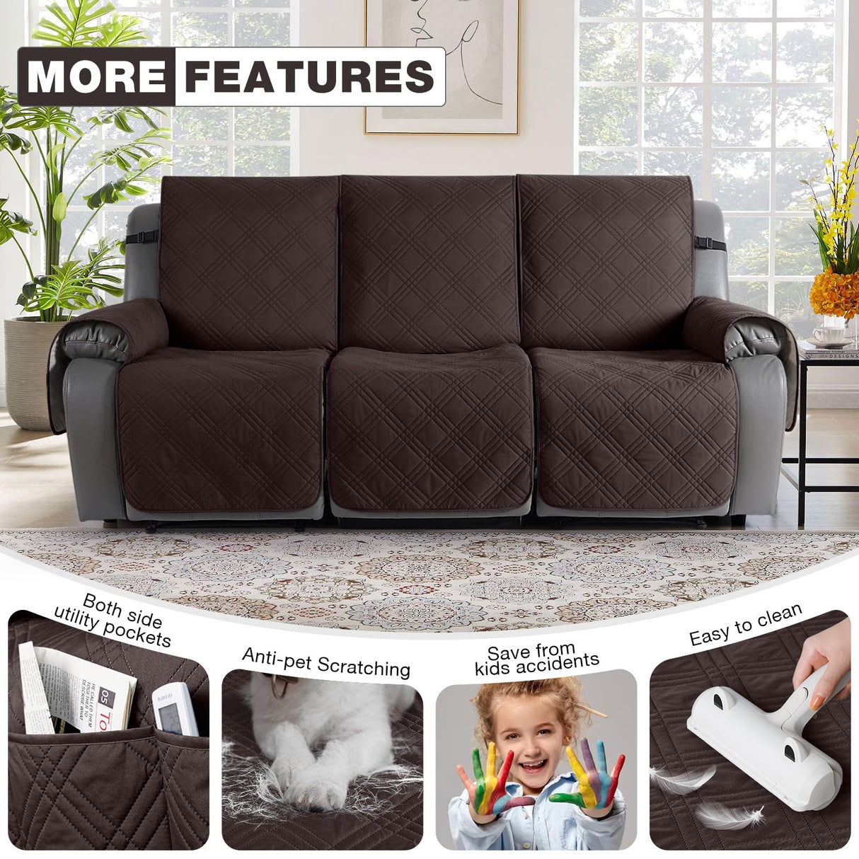 TAOCOCO 100% Waterproof Recliner Sofa Cover Non Slip Couch Cover for 3 Seat Reclining Sofa, Split Reclining Couch Covers 3-Piece with Straps, Washable Sofa Slipcover for Kids Pets(3 Seater, Chocolate) TAOCOCO