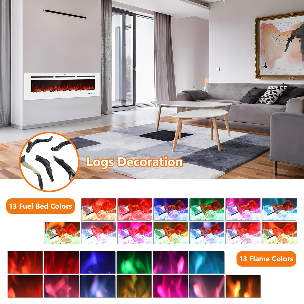 Velaychimney Electric Fireplace, 48" Wall Mounted Electric Heater with/Thermostat, Adjustable Flame & Bed Color, Timer, Remote & Touch Screen Control, 750/1500W, Log/Crystal, White Velaychimney