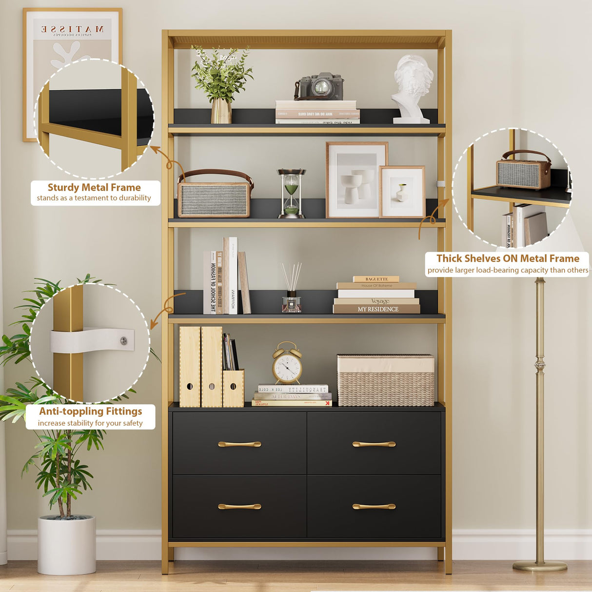 HITHOS 5 Tier Bookshelf with Drawers, 71" Tall Bookcase with Shelves, 35.4" Wide Free Standing Book Storage Shelf, Modern Wood Display Cabinet for Living Room, Study, Home Office, Gold Black HITHOS