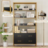 HITHOS 5 Tier Bookshelf with Drawers, 71" Tall Bookcase with Shelves, 35.4" Wide Free Standing Book Storage Shelf, Modern Wood Display Cabinet for Living Room, Study, Home Office, Gold Black HITHOS
