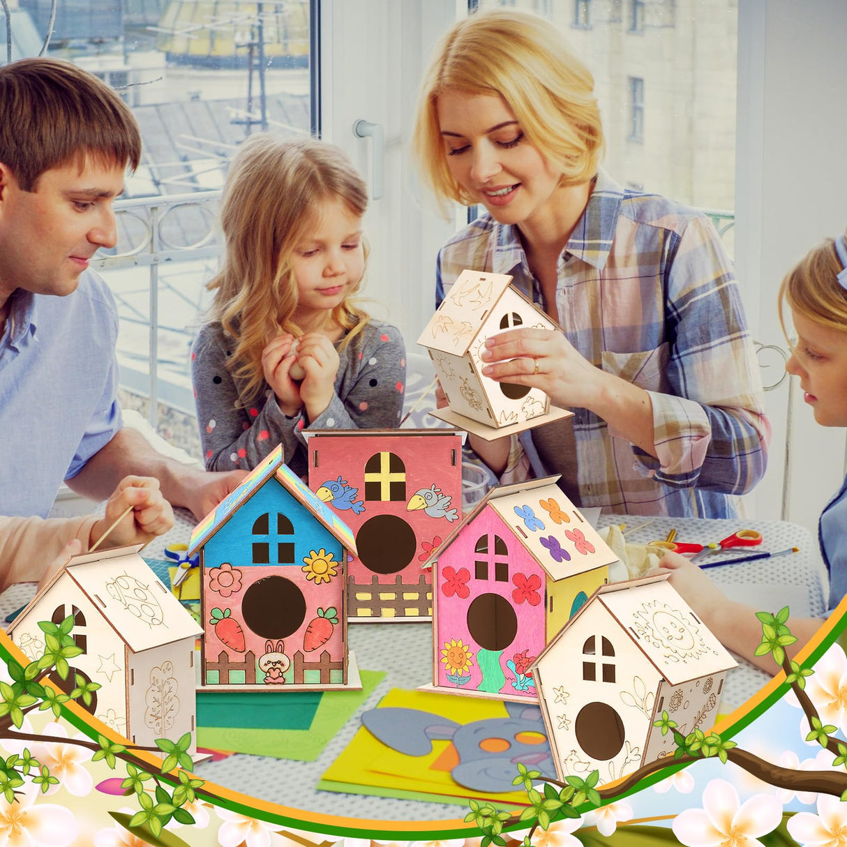 Qunclay 18pcs DIY Birdhouse Kit to Build and Paint Unfinished Wooden Bird House Wood Arts Craft with Colorful Painting Pens DIY Craft Project Kits for Spring Summer Party Favors Qunclay