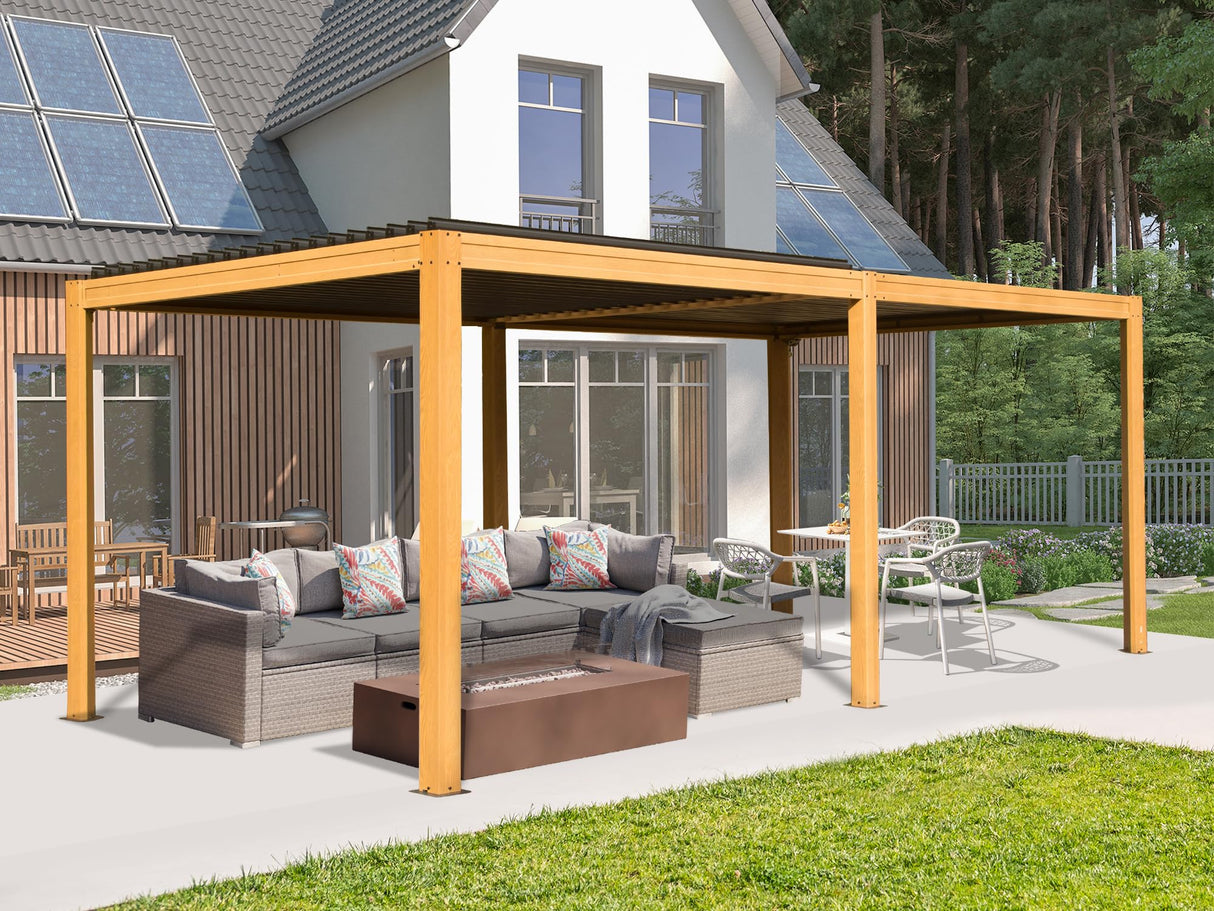 Domi Louvered Pergola 10X20FT, Wood Grain Aluminum Pergola with Adjustable Roof, Wood Looking Aluminum Frame, Efficient Drainage System, Outdoor Pergola for Patio, Deck, Garden domi outdoor living