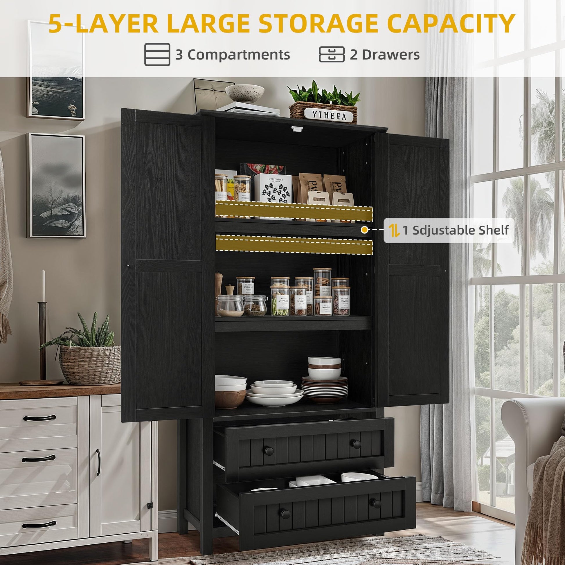 DWVO Farmhouse Kitchen Pantry Cabinet, 64.5" Tall Storage Cabinet with 2 Drawers and Adjustable Shelves, Versatile Storage for Living Room, Dining Room or Hallway, Oak Black - WoodArtSupply