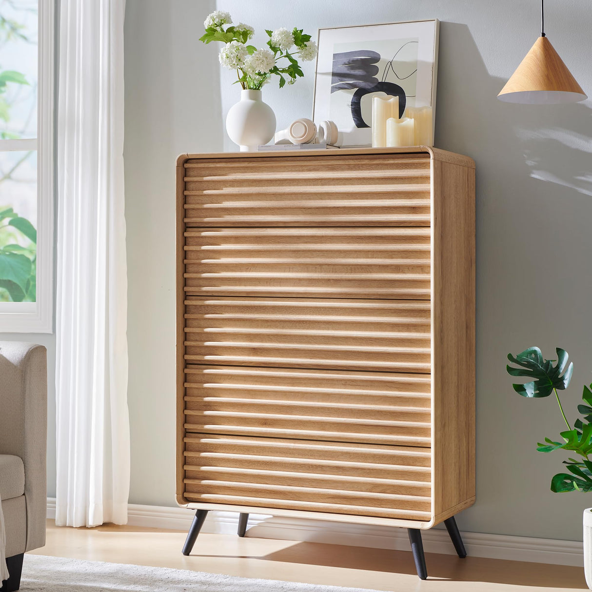 RedLemon 5 Drawers Dresser for Bedroom, 48'' Tall Mid Century Modern Wood Fluted Dresser, Chest of Drawers with Tapered Leg for Bedroom, Living Room, Hallway, Closet,Natural Oak RedLemon