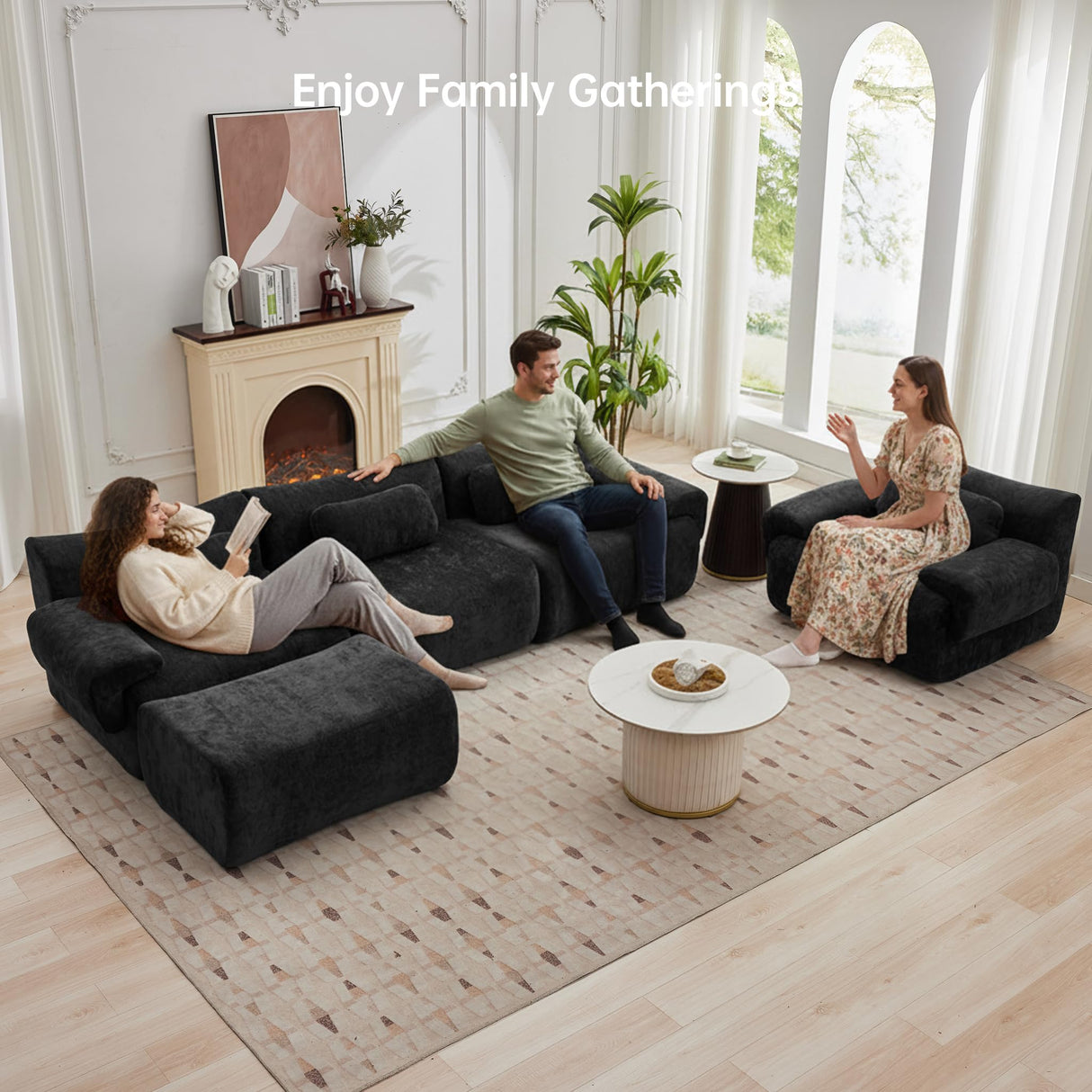 MAXMXX 117”L Shaped Modern Sofa Modular Sectional Cloud Couch with Ottoman,Oversized Boneless Sofa,3+1 Seater Chenille Deep-Seat Sofa with 3 Pillows,Suitable for Living Room or Bedroom (Black) MAXMXX