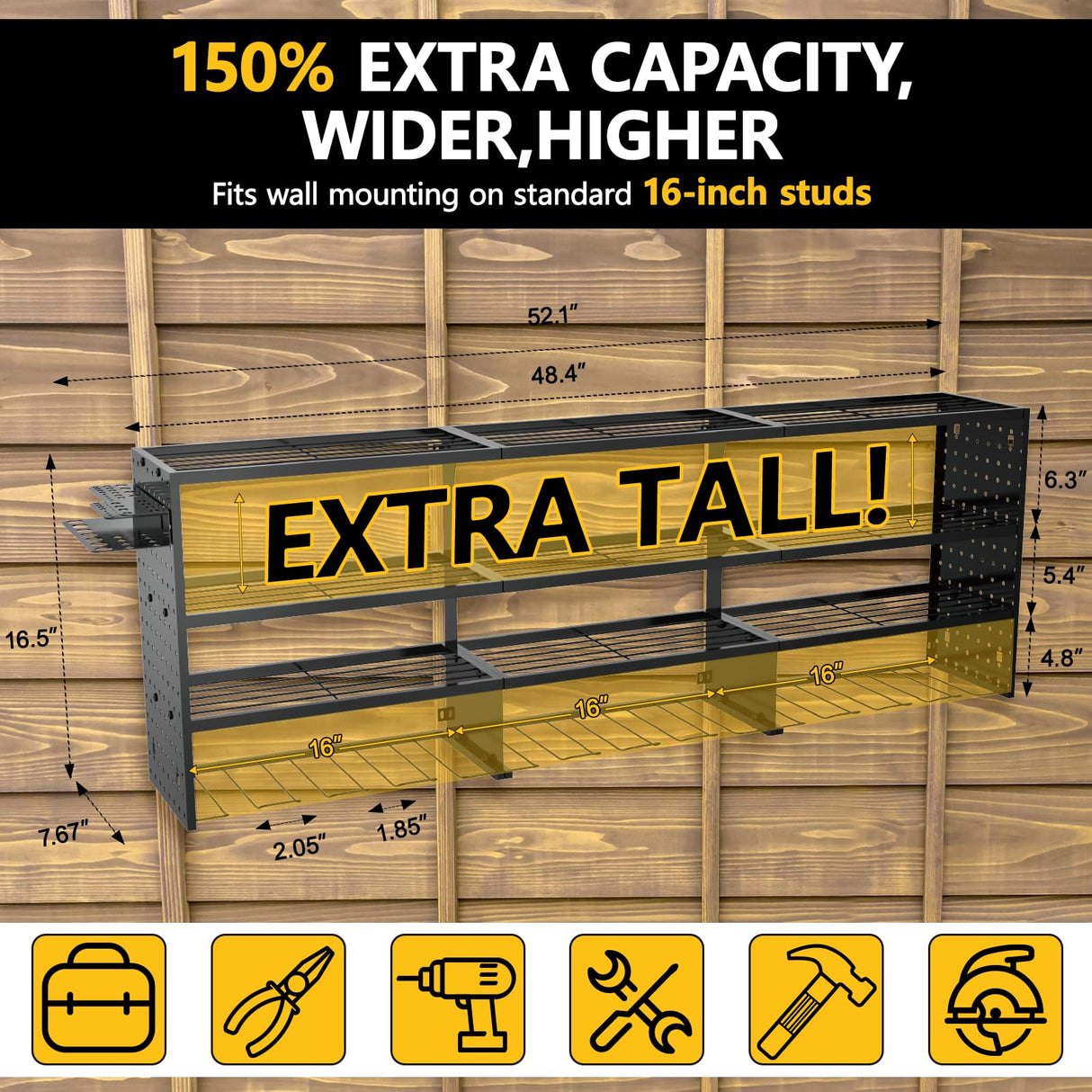 RacKeaLsi 49" W Large Power Tool Organizer Wall Mount, 4 Layer Heavy Duty Metal Tool Storage Rack with 12 Drills Holder, Utility Racks for Garage Workshop, Ideal Garage Organization RacKeaLsi
