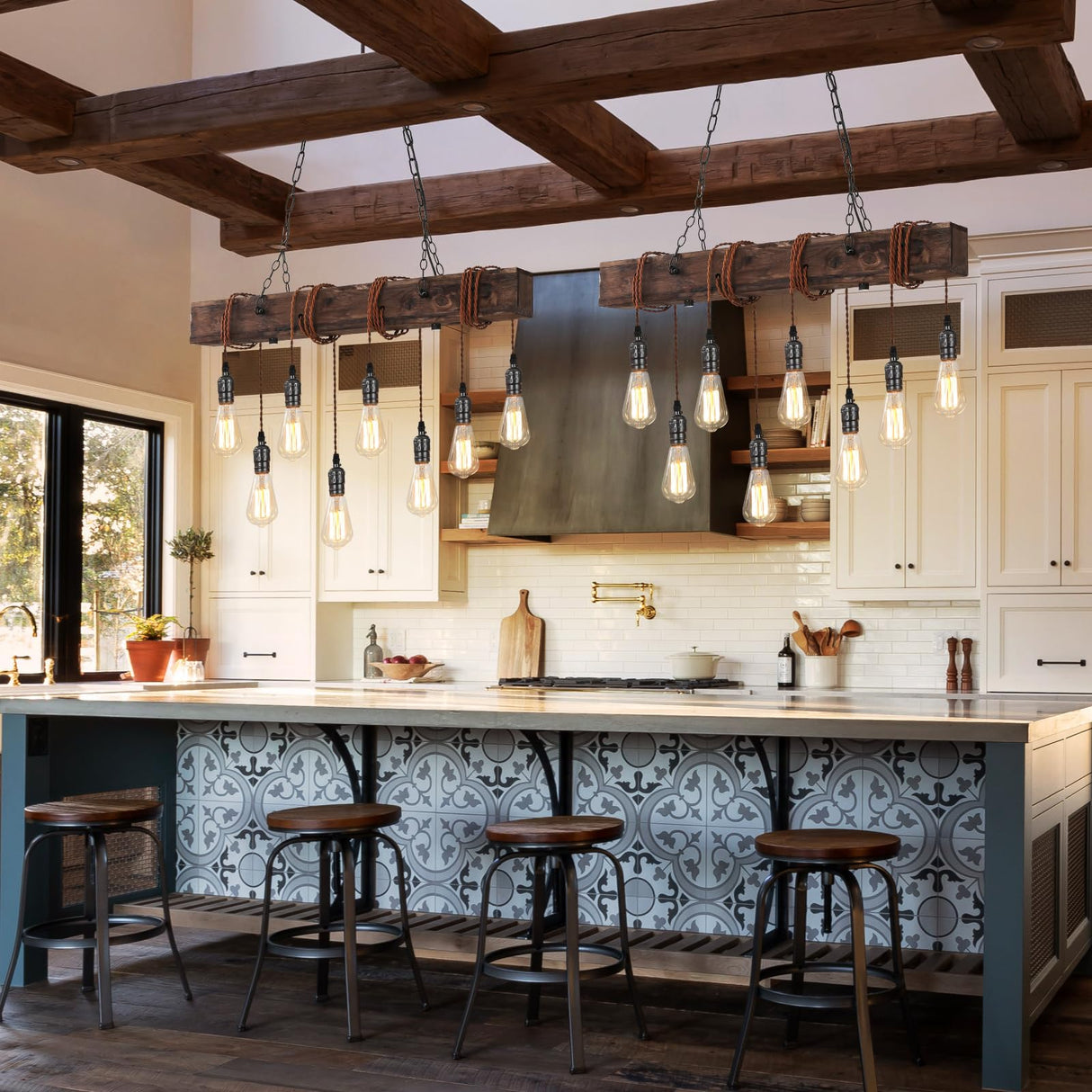SEEBLEN 8-Lights Farmhouse Kitchen Island Pendant Light, Rustic Wood Chandeliers for Dining Room,Height Adjustable Island Light,Dining Room Bar Restaurant Cafe Pool Table. SEEBLEN
