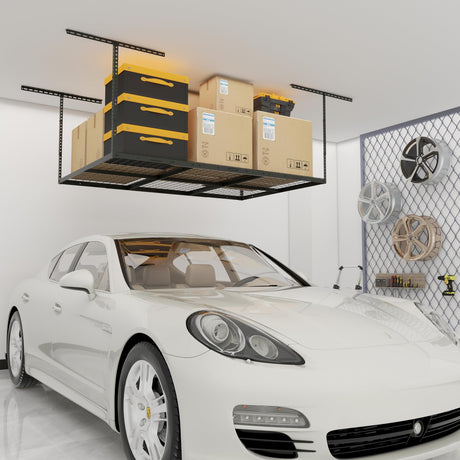 eShelf 4x6ft Overhead Garage Storage Rack, Heavy duty metal garage ceiling storage rack, 22''-40" Adjustable Ceiling Dropdown, 450lbs Loading Weight Capacity, Black eShelf
