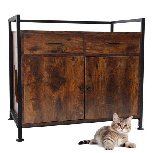 TC-HOMENY Cat Litter Box Enclosure Cabinet Storage Wooden Hidden Cat Washroom Furniture with 2 Doors, Drawers