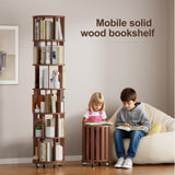 VireoNest 6 Tier Rotating Bookshelf, 100% Solid Wood Revolving Bookcase with Locking Wheels, 360° Spinning Bookshelf for Kids Room, Small Spaces, Corner Shelf for Bedroom, Office, Nursery, Walnut VireoNest