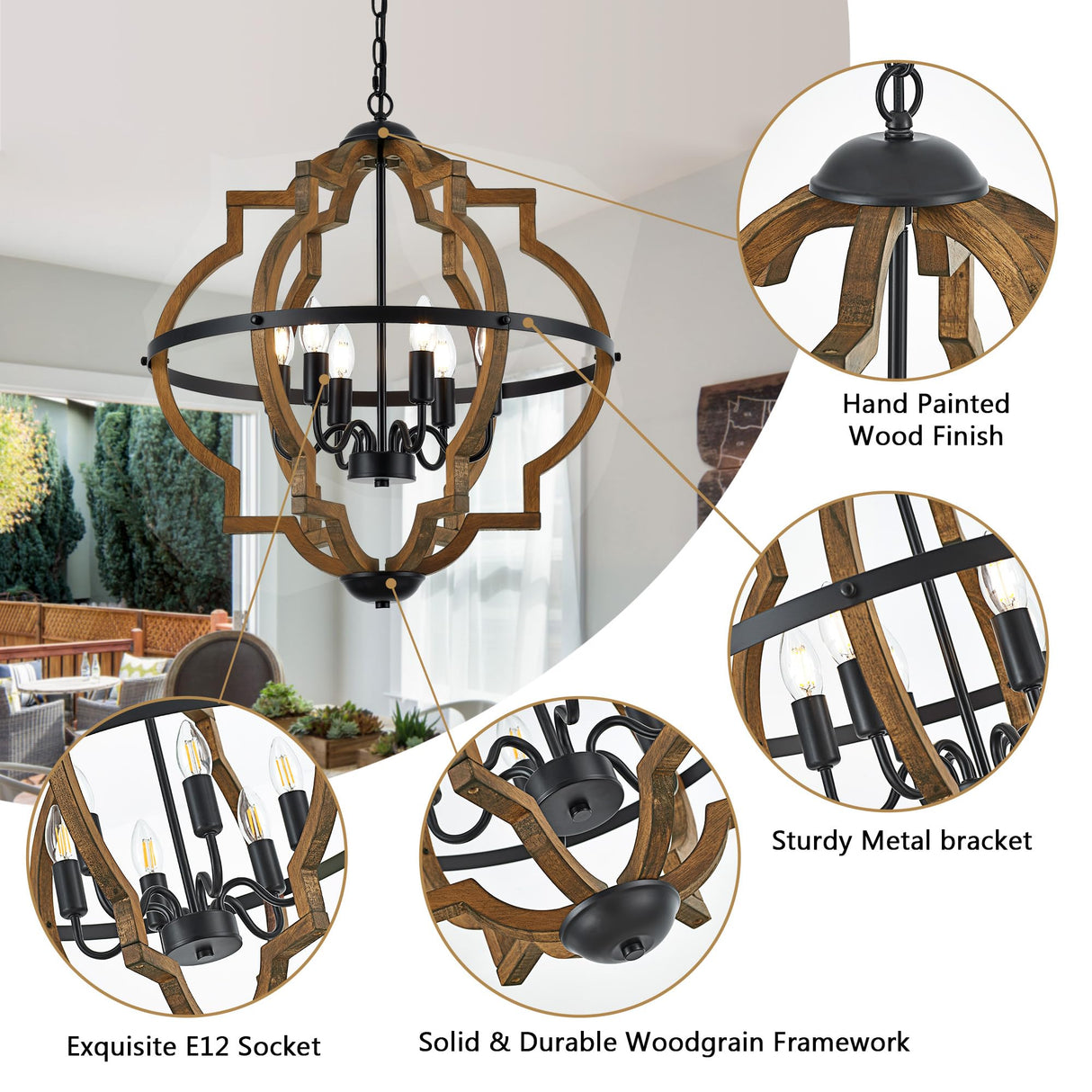 Faibra 6-Light Farmhouse Wood Pendant Light,22.83'' Vintage Rustic Brown Oak Wood Chandeliers,Retro Industrial Hanging Light Fixtures for Dining Room Entryway, Bedroom Faibra