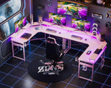 ODK L Shaped Gaming Desk with LED Lights & Power Outlets, 51" Computer Desk with Full Monitor Stand, Corner Desk with Cup Holder, Gaming Table with Hooks, Pink ODK