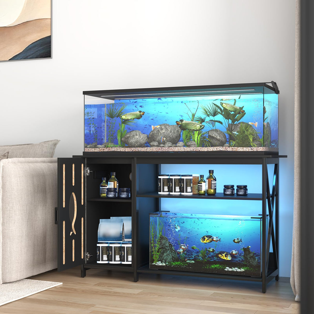 55-75 Gallon Aquarium Stand,Fish Tank Stand with Power Outlets,Cabinet&LED Light,Heavy Duty Aquarium Stand for 2 Fish Tank/Turtle Tank/Reptile Terrarium,1100LBS Capacity,Black PAPIHO