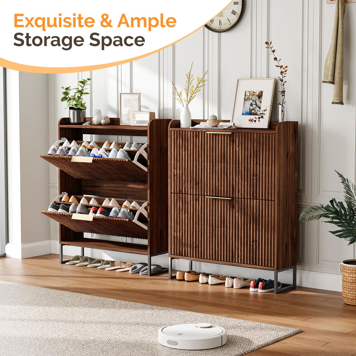 VINGLI Fluted Shoe Cabinet Storage for Entryway,Hidden Shoes Storage Cabinet with 2 Flip Drawers, Mid Century Modern Shoe Rack Organizer,Free Standing Shoes Organizer for Hallway(Dark Walnut) VINGLI