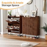 VINGLI Fluted Shoe Cabinet Storage for Entryway,Hidden Shoes Storage Cabinet with 2 Flip Drawers, Mid Century Modern Shoe Rack Organizer,Free Standing Shoes Organizer for Hallway(Dark Walnut) VINGLI