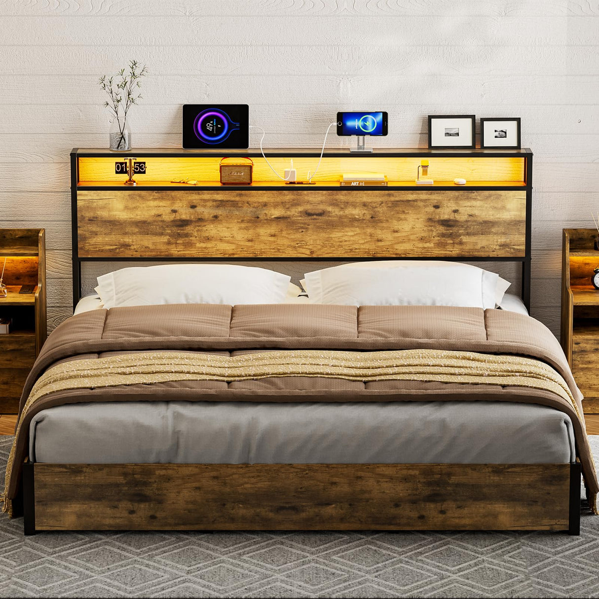 IKIFLY King Size Rustic Brown Storage Headboard with LED Lights & Charging Station IKIFLY