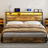 IKIFLY King Size Rustic Brown Storage Headboard with LED Lights & Charging Station IKIFLY