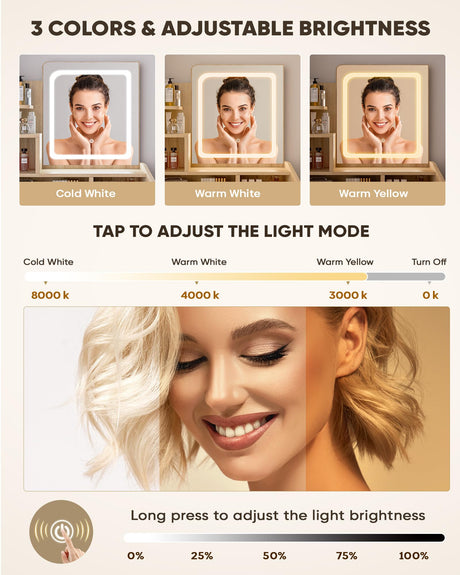 LIVELYGLOW Small Vanity Desk Set with Square Mirror and Light- Vanity Desk with Drawers- Wood LIVELYGLOW