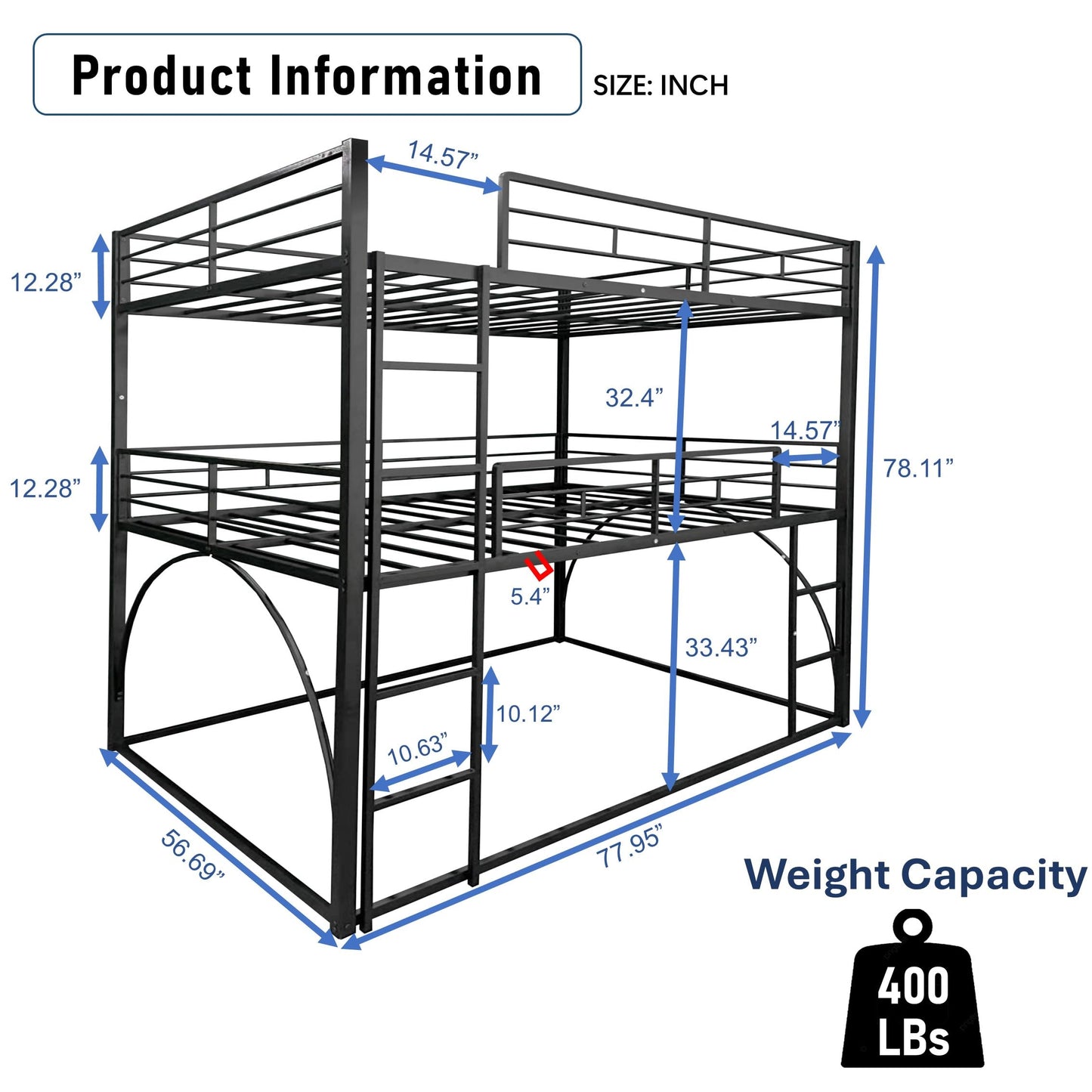 UOCFYK Metal Triple Bunk Bed with Built-in Ladder, Full Over Full Over Full Bunkbeds with Full-Length Guardrail for Kids/Teen/Adults, No Box Spring Needed, Easy Assembly, Black