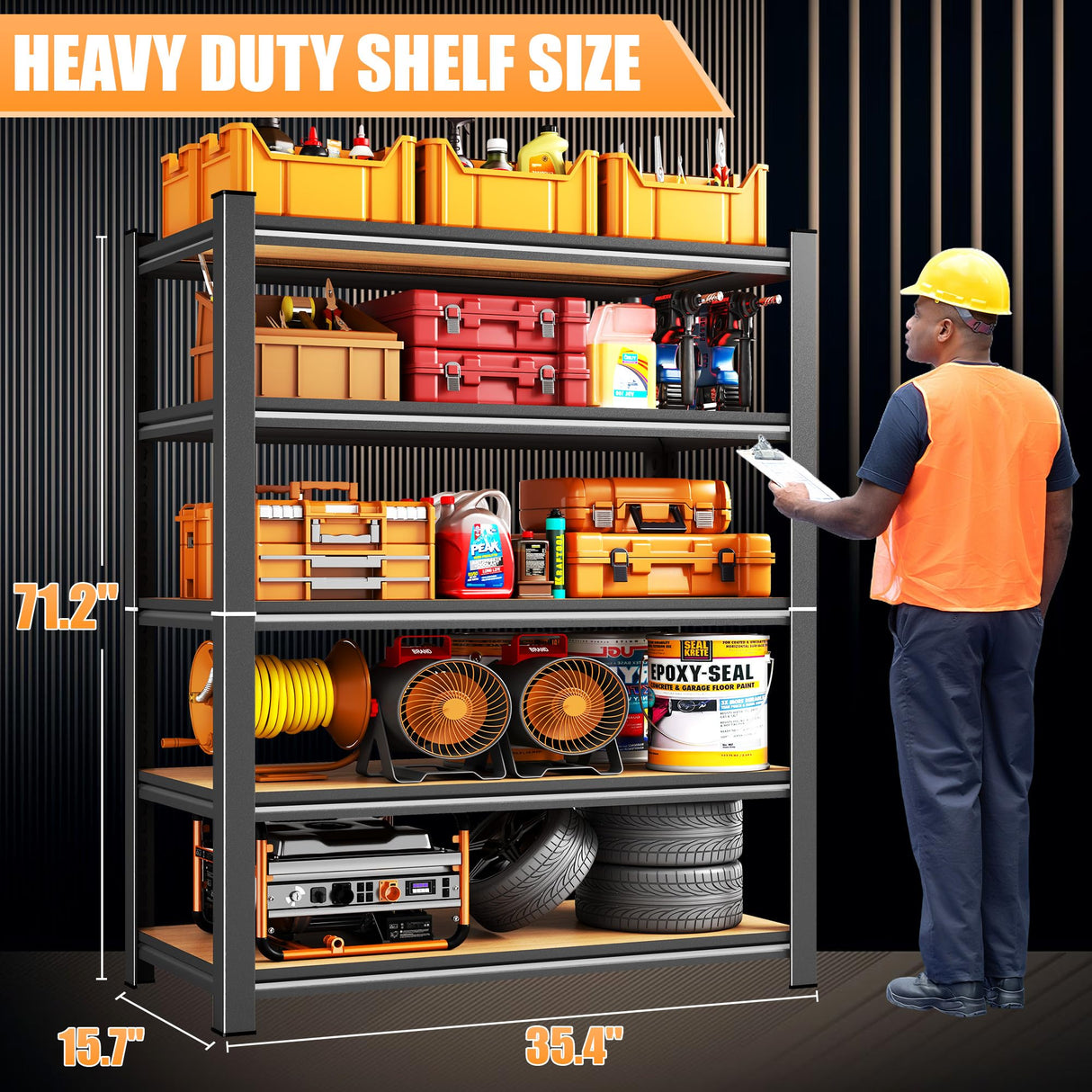 71.2''H Garage Shelving, 3500LBS Heavy Duty Shelvings, Adjustable Garag Storage Shelves, 5 Tier Metal Shelving Unit Wood Storage System Utility Storage Rack for Industrial, Warehouse, Basement KILISTEELS