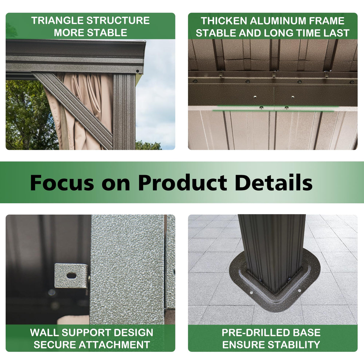 SHPAI 10’ x 12’ Lean to Gazebo, Outdoor Wall Mounted Gazebo Aluminum Frame, Hardtop Pergola with Galvanized Steel Sloping Roof for Patio Deck Garden Backyard, Curtain and Netting Included SHPAI