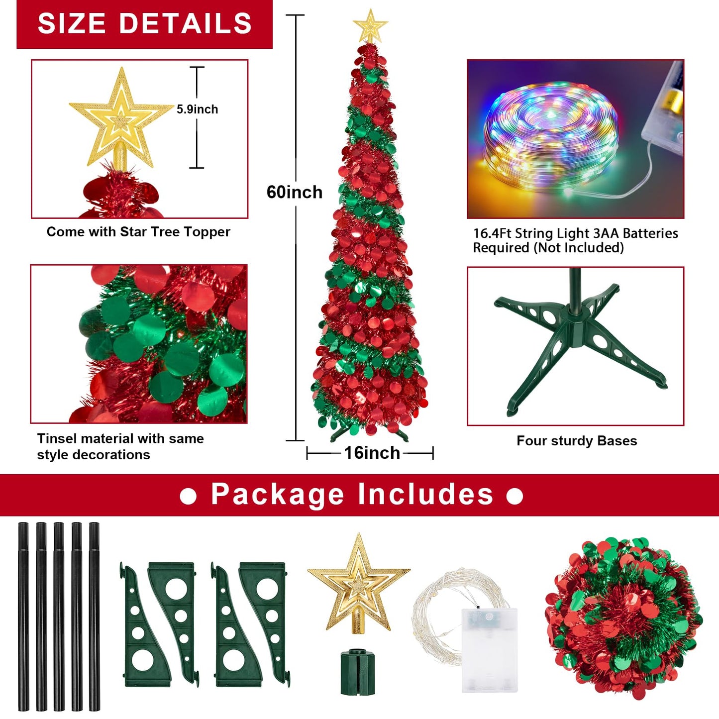 5 Ft Pop Up Christmas Tree with Lights, Pencil Tinsel Collapsible Christmas Tree with 50 Warm Light & Tree Topper for Christmas Decoration Courtyard Home Party Decor Indoor Outdoor (Red Green)