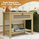 Large Night Stand Set of 2, Bedside Table with Drawers and Open Shelf, Farmhouse Bedroom Nightstand with Charging Station, 27.5" Wide Boho Rattan Side Table for Bedroom, Living Room Arbcoler